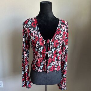 MONKL Women's Cut Plisse Red Floral Print Tie Front Bell Sleeve Cardigan Size S
